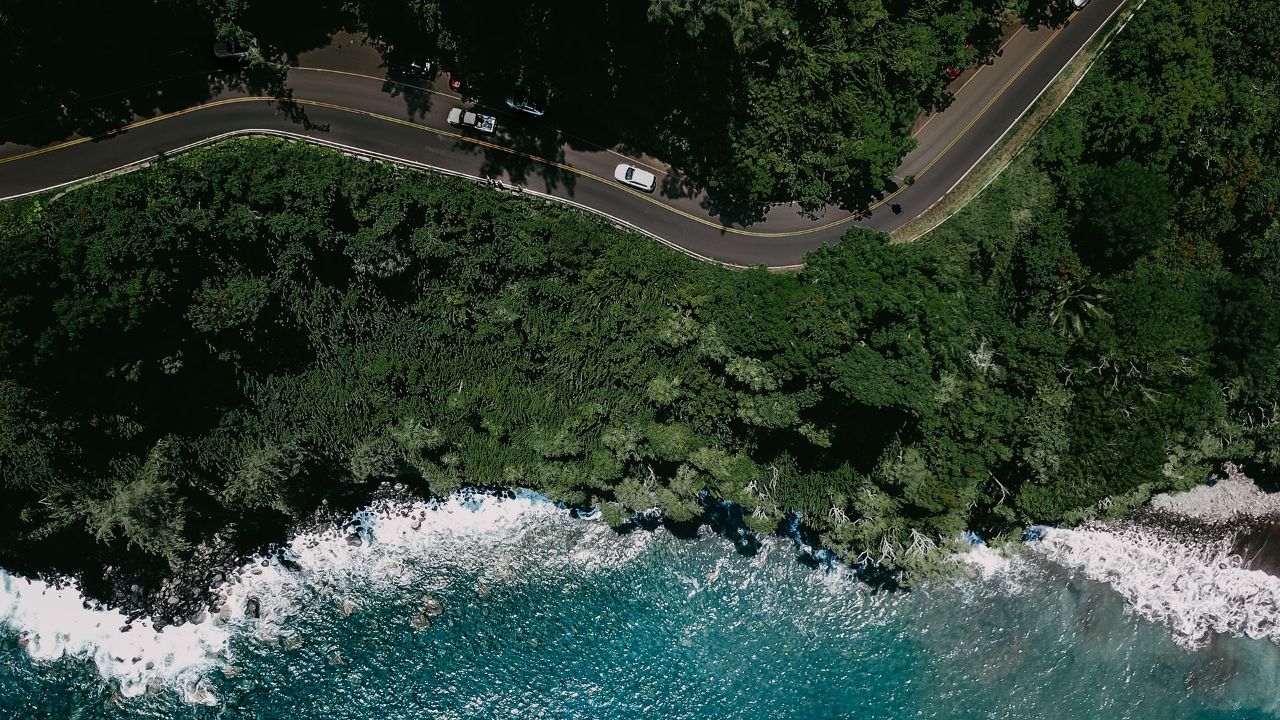 Aerial view of the road to Hana and Honomanu Bay