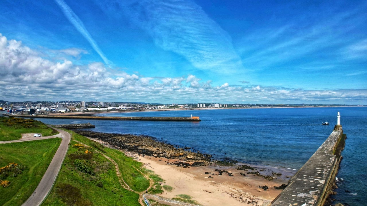 The rocky beach at Greyhope bay in Aberdeen, Scotland