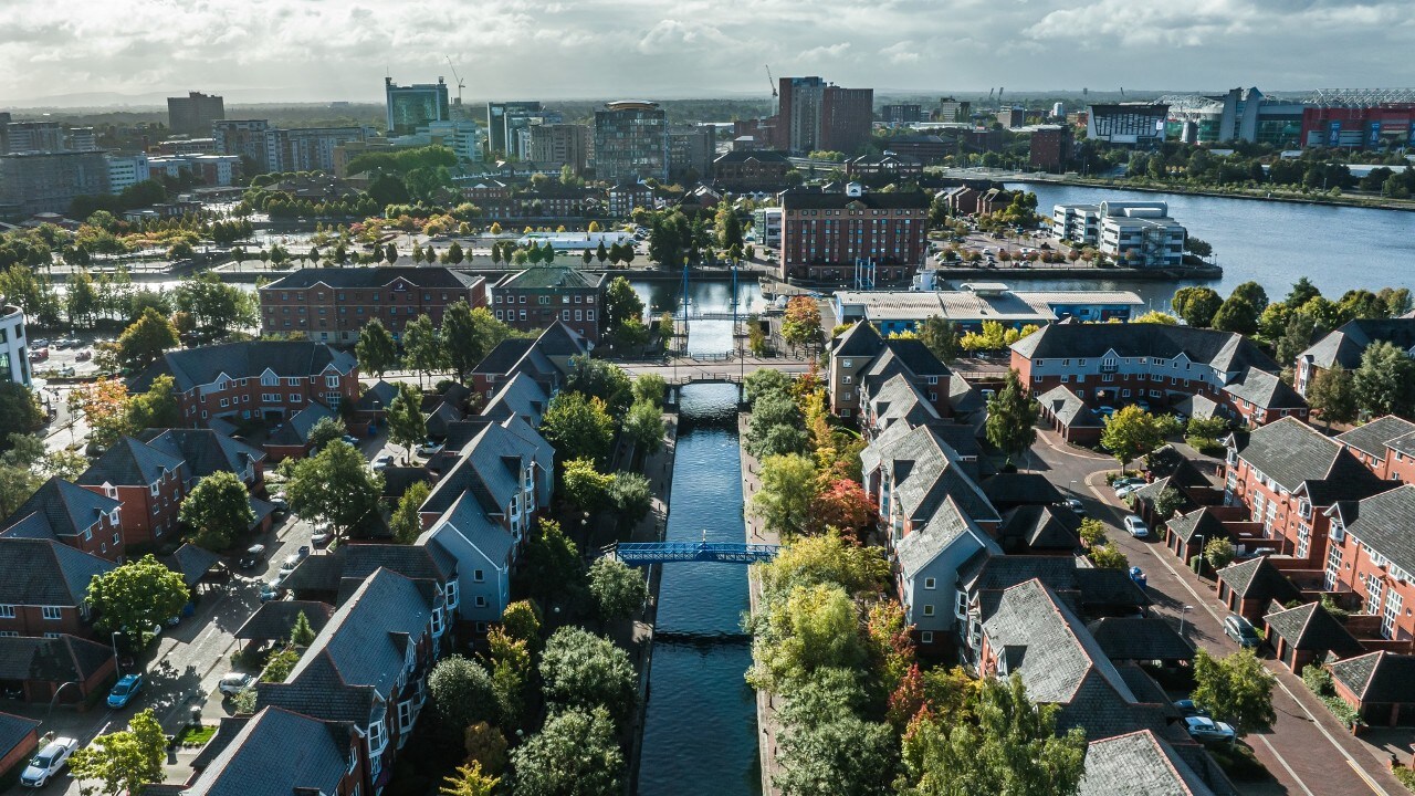 Drone view of Media city Salford quays, Manchester