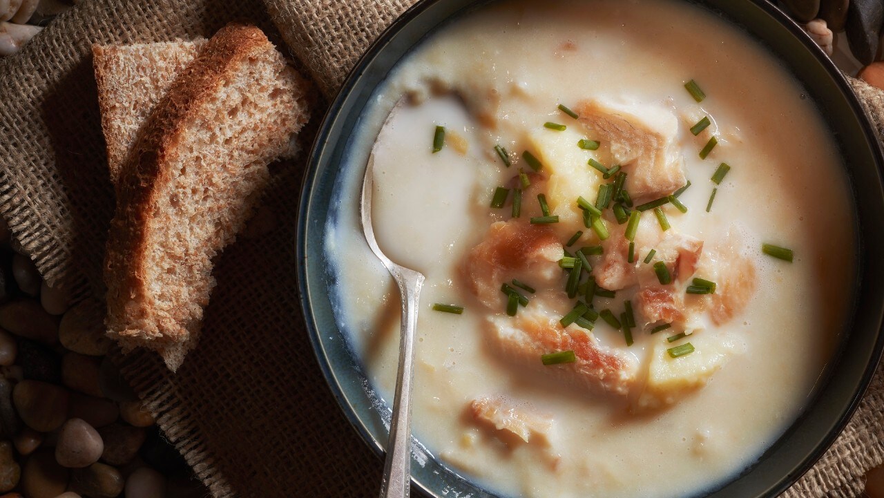 Scottish traditional soup known as Cullen Skink containing undyed smoked haddock, potatoes and milk. 